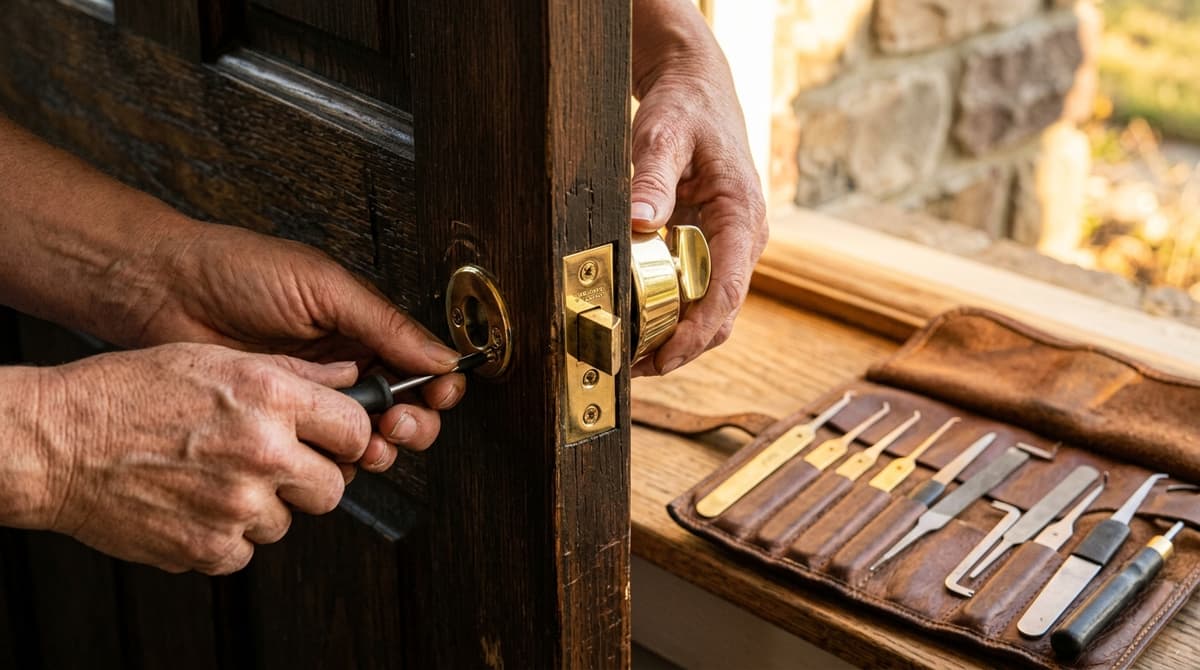 Professional locksmith installing a brass deadbolt lock